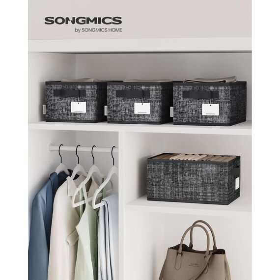 SONGMICS Aufbewahrungsbox 3er Set, zusammenklappbar, Stoffboxen aufbewahren, 30 x 20 x 15 cm, für Kleiderschrank, 2 Griffe, Etikette, für Schlafzimmer Wohnzimmer, tintenschwarz ROB415B01