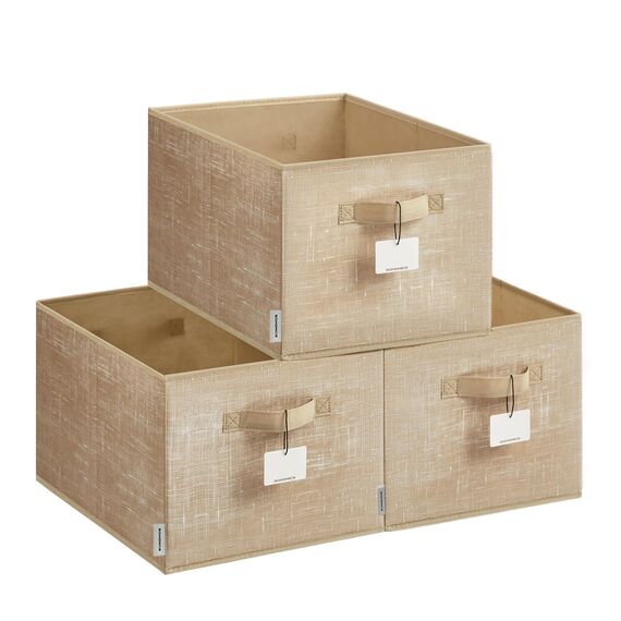SONGMICS Aufbewahrungsbox 3er Set, zusammenklappbar, Stoffboxen aufbewahren, 40 x 30 x 24 cm, für Kleiderschrank, 2 Griffe, Etikette, für Schlafzimmer Wohnzimmer, sandbeige ROB440K01
