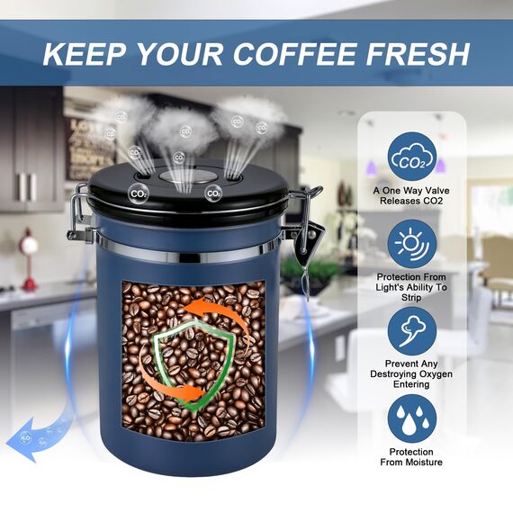 ROCKY&CHAO Kaffeedose Luftdicht aus Edelstahl 1,8L Kaffeebhnen Behälter mit Sichtfenster an der Seite Vorratsdose für 600g Tee Nüsse Kakao Länger und Frisch Bleiben（Blau）