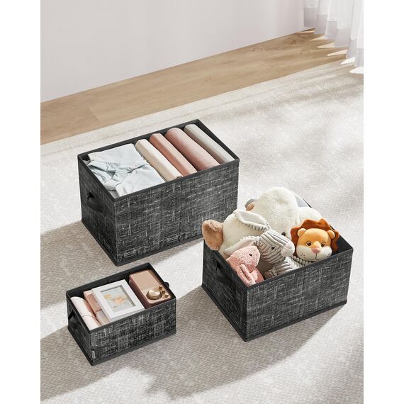 SONGMICS Aufbewahrungsbox 3er Set, zusammenklappbar, Stoffboxen aufbewahren, 30 x 20 x 15 cm, für Kleiderschrank, 2 Griffe, Etikette, für Schlafzimmer Wohnzimmer, tintenschwarz ROB415B01