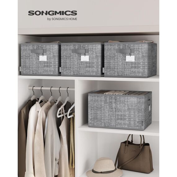 SONGMICS Aufbewahrungsbox 3er Set, zusammenklappbar, Stoffboxen aufbewahren, 40 x 30 x 24 cm, für Kleiderschrank, 2 Griffe, Etikette, für Schlafzimmer Wohnzimmer, schilfgrau ROB440G01