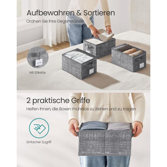 SONGMICS Aufbewahrungsbox 3er Set, zusammenklappbar, Stoffboxen aufbewahren, 30 x 20 x 15 cm, für Kleiderschrank, 2 Griffe, Etikette, für Schlafzimmer Wohnzimmer, schilfgrau ROB415G01