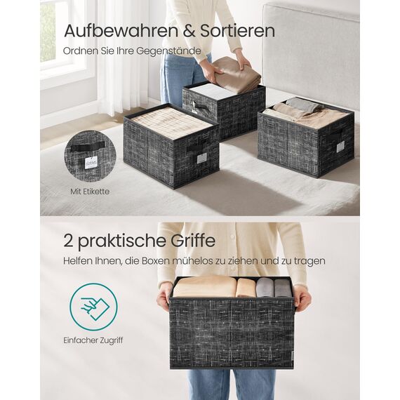 SONGMICS Aufbewahrungsbox 3er Set, zusammenklappbar, Stoffboxen aufbewahren, 40 x 30 x 24 cm, für Kleiderschrank, 2 Griffe, Etikette, für Schlafzimmer Wohnzimmer, tintenschwarz ROB440B01