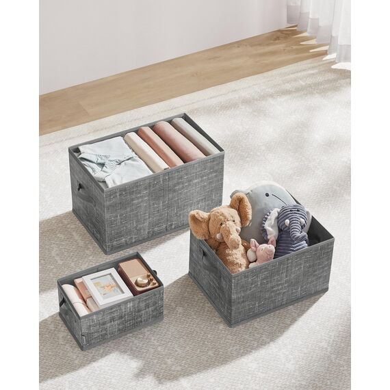 SONGMICS Aufbewahrungsbox 3er Set, zusammenklappbar, Stoffboxen aufbewahren, 30 x 20 x 15 cm, für Kleiderschrank, 2 Griffe, Etikette, für Schlafzimmer Wohnzimmer, schilfgrau ROB415G01