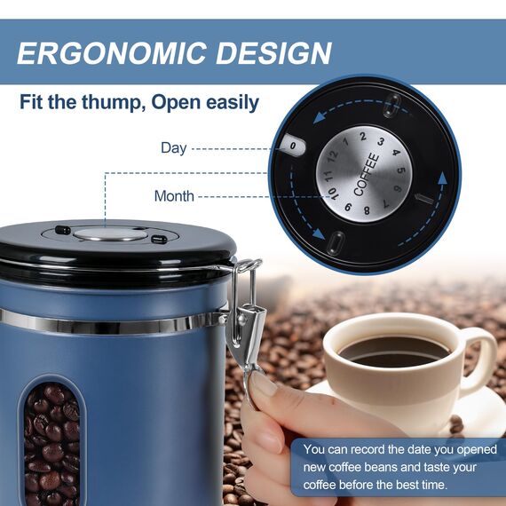 ROCKY&CHAO Kaffeedose Luftdicht aus Edelstahl 1,8L Kaffeebhnen Behälter mit Sichtfenster an der Seite Vorratsdose für 600g Tee Nüsse Kakao Länger und Frisch Bleiben（Blau）