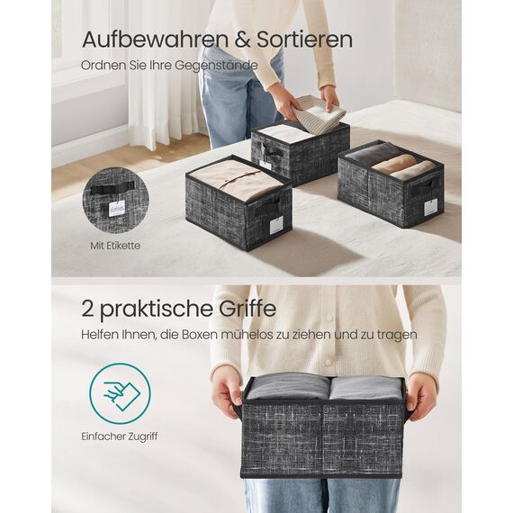 SONGMICS Aufbewahrungsbox 3er Set, zusammenklappbar, Stoffboxen aufbewahren, 30 x 20 x 15 cm, für Kleiderschrank, 2 Griffe, Etikette, für Schlafzimmer Wohnzimmer, tintenschwarz ROB415B01