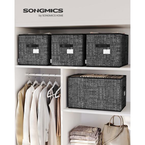 SONGMICS Aufbewahrungsbox 3er Set, zusammenklappbar, Stoffboxen aufbewahren, 50 x 30 x 30 cm, für Kleiderschrank, 2 Griffe, Etikette, für Schlafzimmer Wohnzimmer, tintenschwarz ROB450B01