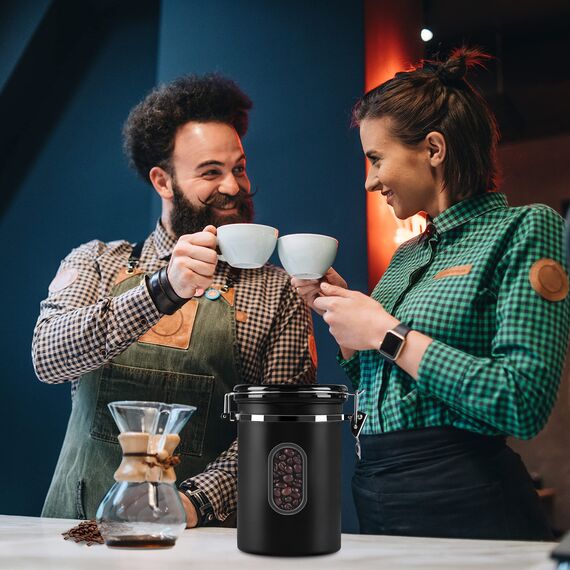 ROCKY&CHAO Kaffeedose Luftdicht aus Edelstahl 1,8L Kaffeebhnen Behälter Vorratsdose für Tee Nüsse Kakao Länger und Frisch Bleiben (Schwarz)