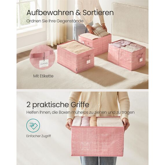 SONGMICS Aufbewahrungsbox 3er Set, zusammenklappbar, Stoffboxen aufbewahren, 40 x 30 x 24 cm, für Kleiderschrank, 2 Griffe, Etikette, für Schlafzimmer Wohnzimmer, pastellrosa ROB440R01