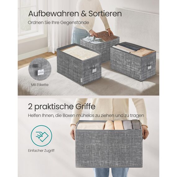 SONGMICS Aufbewahrungsbox 3er Set, zusammenklappbar, Stoffboxen aufbewahren, 50 x 30 x 30 cm, für Kleiderschrank, 2 Griffe, Etikette, für Schlafzimmer Wohnzimmer, schilfgrau ROB450G01