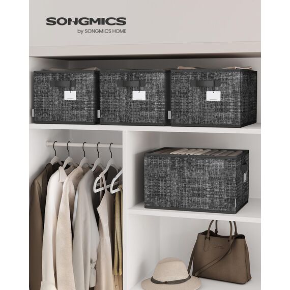 SONGMICS Aufbewahrungsbox 3er Set, zusammenklappbar, Stoffboxen aufbewahren, 40 x 30 x 24 cm, für Kleiderschrank, 2 Griffe, Etikette, für Schlafzimmer Wohnzimmer, tintenschwarz ROB440B01
