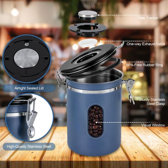 ROCKY&CHAO Kaffeedose Luftdicht aus Edelstahl 1,8L Kaffeebhnen Behälter mit Sichtfenster an der Seite Vorratsdose für 600g Tee Nüsse Kakao Länger und Frisch Bleiben（Blau）