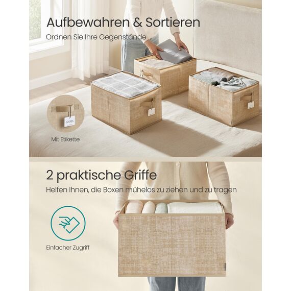 SONGMICS Aufbewahrungsbox 3er Set, zusammenklappbar, Stoffboxen aufbewahren, 50 x 30 x 30 cm, für Kleiderschrank, 2 Griffe, Etikette, für Schlafzimmer Wohnzimmer, sandbeige ROB450K01