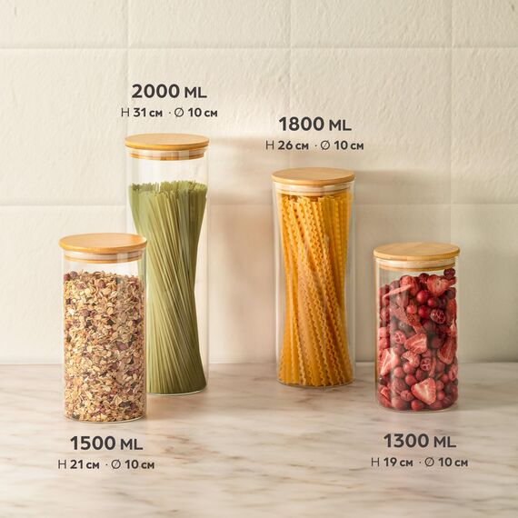 Praknu Vorratsgläser mit Deckel 4er Set - Luftdicht mit 4 Extra Dichtungen - Borosilikatglas - Spülmaschinenfest - Vorratsdosen Glas mit Bambusdeckel