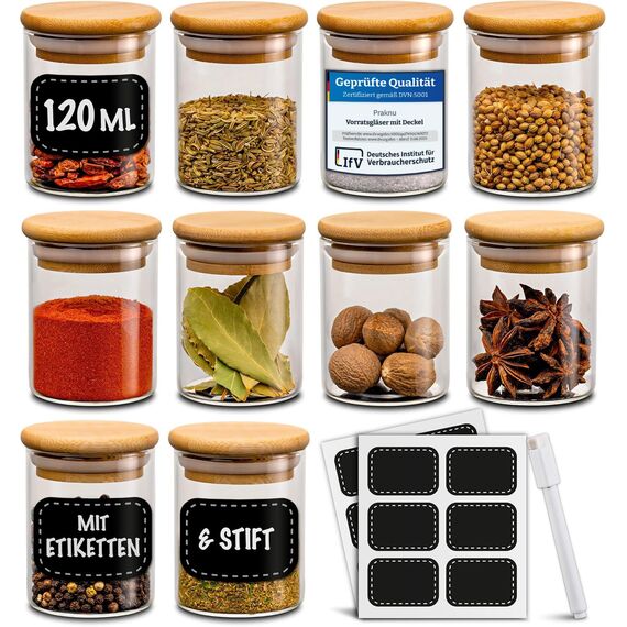 Praknu Gewürzgläser 120ml - 10er Set Gewürzdosen Organizer mit Gewürzetiketten - Luftdicht - Spülmaschinenfest -Küchenorganisation - für Gewürze, Kräuter & Tee