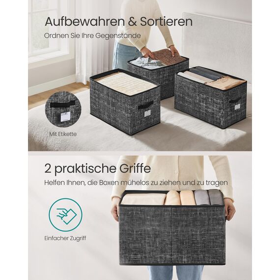SONGMICS Aufbewahrungsbox 3er Set, zusammenklappbar, Stoffboxen aufbewahren, 50 x 30 x 30 cm, für Kleiderschrank, 2 Griffe, Etikette, für Schlafzimmer Wohnzimmer, tintenschwarz ROB450B01