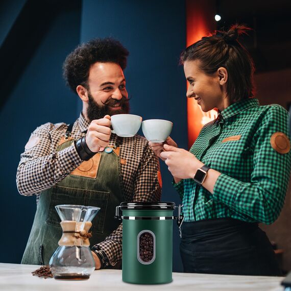 ROCKY&CHAO Kaffeedose Luftdicht aus Edelstahl 1,8L Kaffeebhnen Behälter mit Sichtfenster an der Seite Vorratsdose für 600g Tee Nüsse Kakao Länger und Frisch Bleiben (Grün)