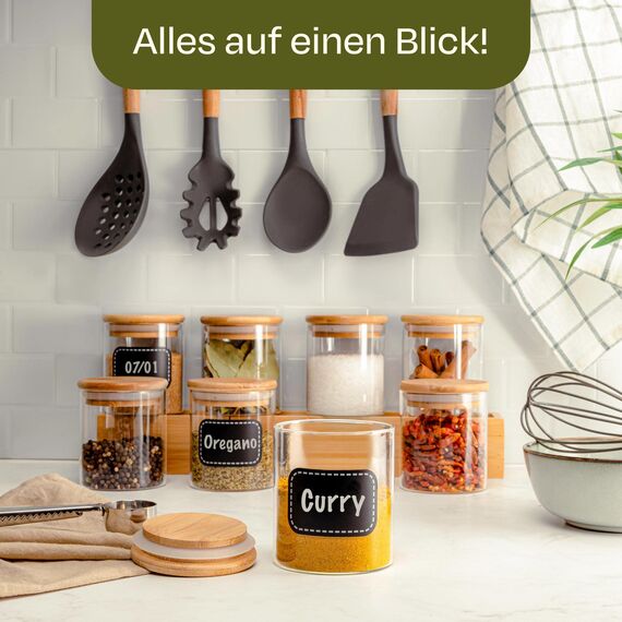 Praknu Gewürzgläser Groß - 8er Set 250ml - mit Etiketten zum Beschriften - Luftdicht - Spülmaschinenfest - Küchenorganisation - für Gewürze, Kräuter & Tee