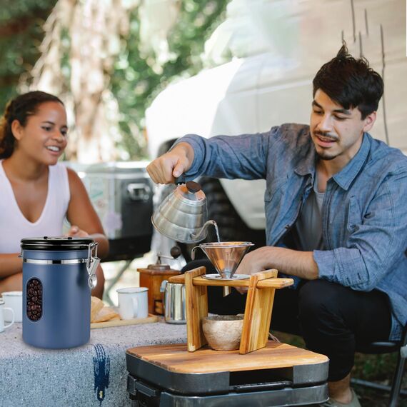 ROCKY&CHAO Kaffeedose Luftdicht aus Edelstahl 1,8L Kaffeebhnen Behälter mit Sichtfenster an der Seite Vorratsdose für 600g Tee Nüsse Kakao Länger und Frisch Bleiben（Blau）