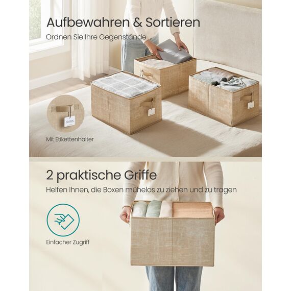 SONGMICS Aufbewahrungsbox 3er Set, zusammenklappbar, Stoffboxen aufbewahren, 40 x 30 x 24 cm, für Kleiderschrank, 2 Griffe, Etikette, für Schlafzimmer Wohnzimmer, sandbeige ROB440K01