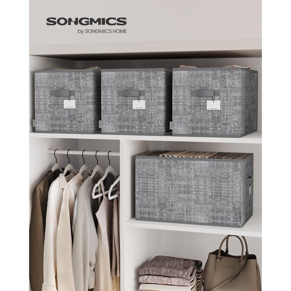 SONGMICS Aufbewahrungsbox 3er Set, zusammenklappbar, Stoffboxen aufbewahren, 50 x 30 x 30 cm, für Kleiderschrank, 2 Griffe, Etikette, für Schlafzimmer Wohnzimmer, schilfgrau ROB450G01