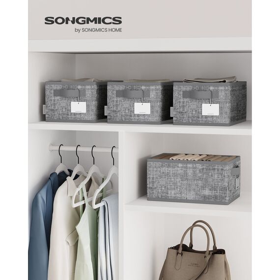 SONGMICS Aufbewahrungsbox 3er Set, zusammenklappbar, Stoffboxen aufbewahren, 30 x 20 x 15 cm, für Kleiderschrank, 2 Griffe, Etikette, für Schlafzimmer Wohnzimmer, schilfgrau ROB415G01