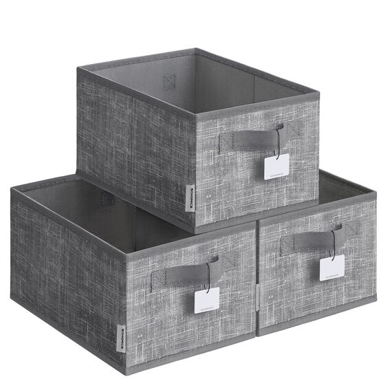 SONGMICS Aufbewahrungsbox 3er Set, zusammenklappbar, Stoffboxen aufbewahren, 30 x 20 x 15 cm, für Kleiderschrank, 2 Griffe, Etikette, für Schlafzimmer Wohnzimmer, schilfgrau ROB415G01