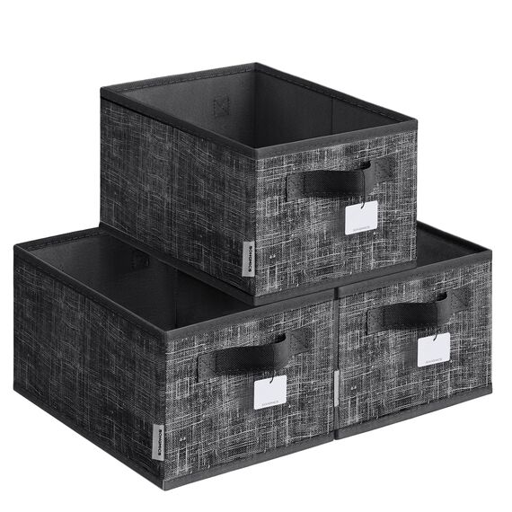 SONGMICS Aufbewahrungsbox 3er Set, zusammenklappbar, Stoffboxen aufbewahren, 30 x 20 x 15 cm, für Kleiderschrank, 2 Griffe, Etikette, für Schlafzimmer Wohnzimmer, tintenschwarz ROB415B01
