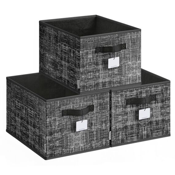 SONGMICS Aufbewahrungsbox 3er Set, zusammenklappbar, Stoffboxen aufbewahren, 40 x 30 x 24 cm, für Kleiderschrank, 2 Griffe, Etikette, für Schlafzimmer Wohnzimmer, tintenschwarz ROB440B01