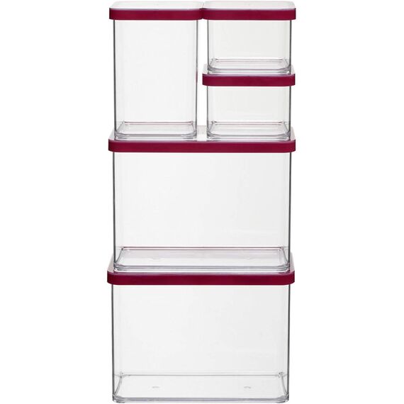 Rotho Loft 5er-Set Vorratsdosen mit Deckel verschiedene Größen, lebensmittelechter Kunststoff (PP) BPA-frei, 2 x 2.1l, 1 x 1.0l, 2 x 0.5l (30.0 x 21.0 x 15.0 cm) (transparent/rot)