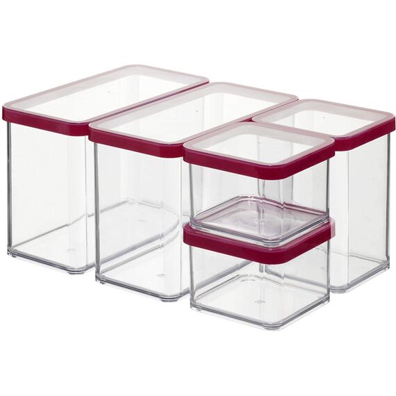 Rotho Loft 5er-Set Vorratsdosen mit Deckel verschiedene Größen, lebensmittelechter Kunststoff (PP) BPA-frei, 2 x 2.1l, 1 x 1.0l, 2 x 0.5l (30.0 x 21.0 x 15.0 cm) (transparent/rot)