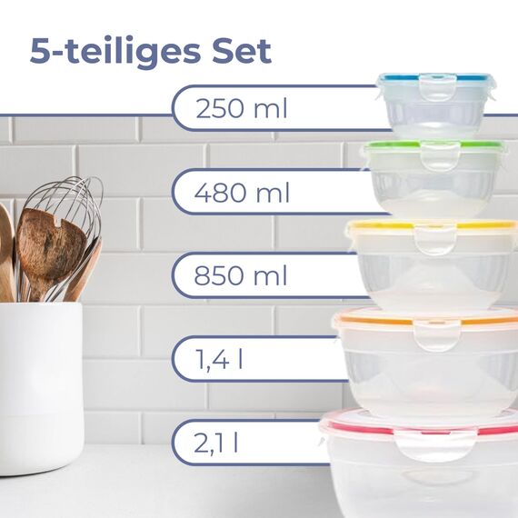 LocknLock PP Classic Vorratsdosen Set 5tlg., 250ml, 480ml, 850ml, 1,4L, 2,1L, Vorratsdosen mit Deckel luftdicht & auslaufsicher, Gefrier-, Spülmaschinen- & Mikrowellengeeignete Meal Prep Boxen