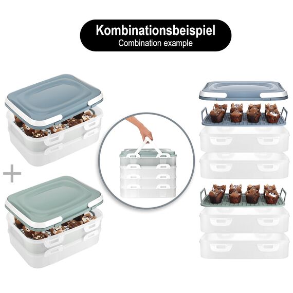com-four® Partycontainer mit je 2 Etagen und Hebeeinsatz - Kuchen-Transportbox - Frischebox für Lebensmittel - Kuchencontainer mit Tragegriffen - Muffinbehälter (1 Stück pastell blau-grau)