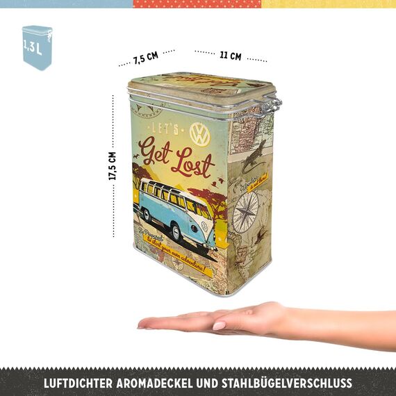Nostalgic-Art Retro Kaffeedose, 1,3 l, VW Bulli – Let's Get Lost – Volkswagen Bus Geschenk-Idee, Blech-Dose mit Aromadeckel, Vintage Design
