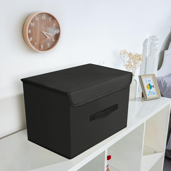 DIMJ 2 Stück Aufbewahrungsboxen mit Deckel, Faltbare Aufbewahrungskiste mit Griff, Aufbewahrungskorb Stoff, Ordnungsboxen Kleiderschrank Organizer, Faltbox für Kleidung, Schwarz