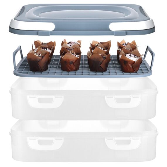 com-four® Partycontainer mit je 2 Etagen und Hebeeinsatz - Kuchen-Transportbox - Frischebox für Lebensmittel - Kuchencontainer mit Tragegriffen - Muffinbehälter (1 Stück pastell blau-grau)