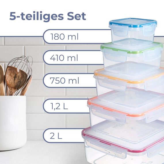 LocknLock PP Classic Vorratsdosen Set 5tlg., 180 ml, 410 ml, 750 ml, 1,2 L, 2 L, Vorratsdosen mit Deckel luftdicht & auslaufsicher, Gefrier-, Spülmaschinen- & Mikrowellengeeignete Meal Prep Boxen