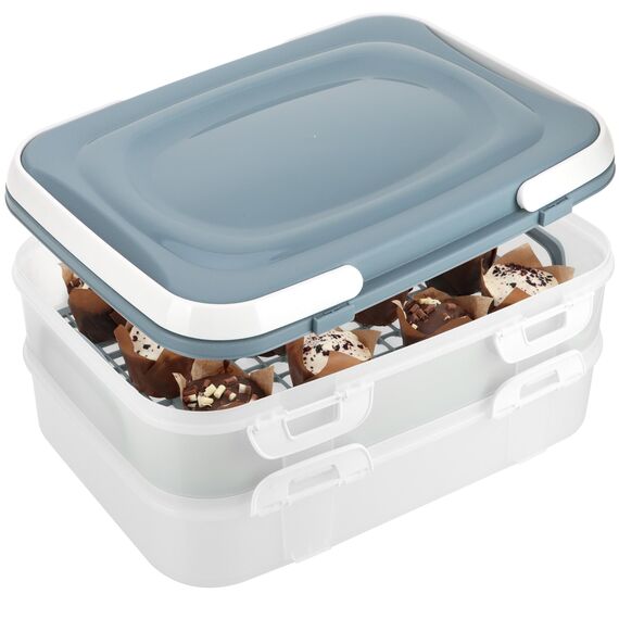com-four® Partycontainer mit je 2 Etagen und Hebeeinsatz - Kuchen-Transportbox - Frischebox für Lebensmittel - Kuchencontainer mit Tragegriffen - Muffinbehälter (1 Stück pastell blau-grau)