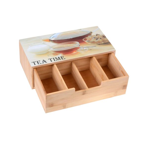 GRÄWE Teebox aus Bambus mit 4 Fächern, Teebeutelbox mit Schublade für aromageschützte Aufbewahrung von Tee - 30 x 15,5 x 10 cm