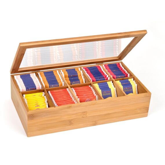 GRÄWE Teebox aus Bambus mit 10 Fächern, klappbarer Deckel, Sichtfenster, Teebeutelbox für aromageschützte Aufbewahrung von Tee - 36 x 20 x 9 cm