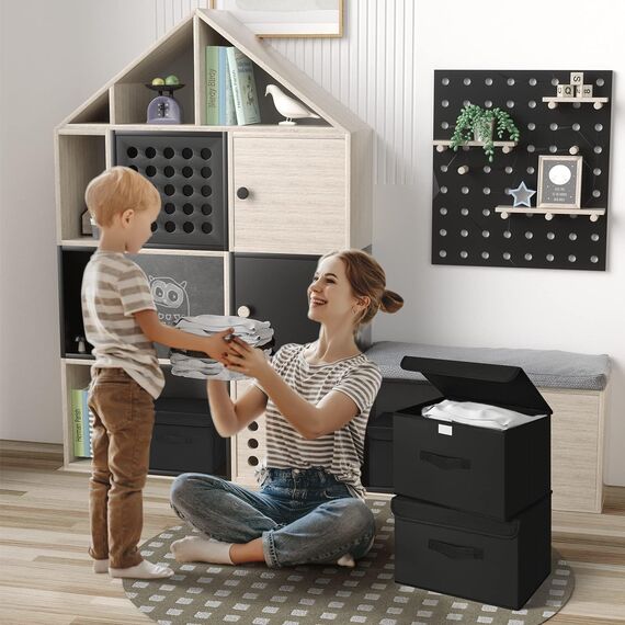 DIMJ 2 Stück Aufbewahrungsboxen mit Deckel, Faltbare Aufbewahrungskiste mit Griff, Aufbewahrungskorb Stoff, Ordnungsboxen Kleiderschrank Organizer, Faltbox für Kleidung, Schwarz