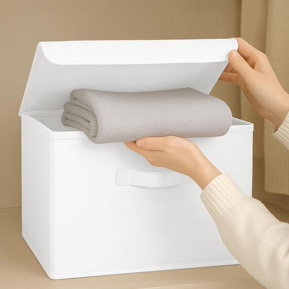 DIMJ Aufbewahrungsboxen mit Deckel, Faltbare Aufbewahrungskiste mit Griff, Aufbewahrungskorb Stoff, Ordnungsboxen Kleiderschrank Organizer, Faltbox für Kleidung, 4 Stück, Hellweiß