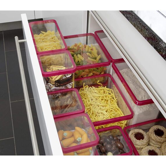 Rotho Loft 5er-Set Vorratsdosen mit Deckel verschiedene Größen, lebensmittelechter Kunststoff (PP) BPA-frei, 2 x 2.1l, 1 x 1.0l, 2 x 0.5l (30.0 x 21.0 x 15.0 cm) (transparent/rot)