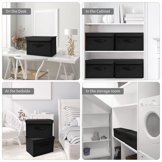 DIMJ 2 Stück Aufbewahrungsboxen mit Deckel, Faltbare Aufbewahrungskiste mit Griff, Aufbewahrungskorb Stoff, Ordnungsboxen Kleiderschrank Organizer, Faltbox für Kleidung, Schwarz