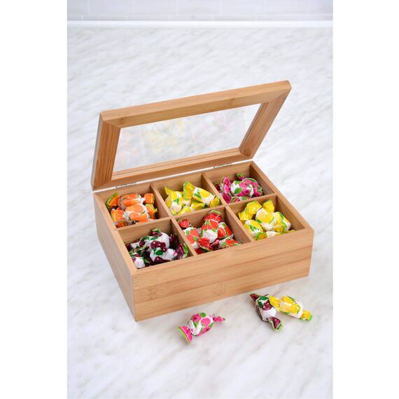 GRÄWE Aufbewahrungsbox aus Bambus mit 6 Fächern, klappbarer Deckel, Sichtfenster, Box zur Aufbewahrung von Kleinteilen - 21 x 16 x 7,5 cm