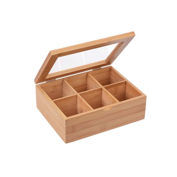 GRÄWE Aufbewahrungsbox aus Bambus mit 6 Fächern, klappbarer Deckel, Sichtfenster, Box zur Aufbewahrung von Kleinteilen - 21 x 16 x 7,5 cm