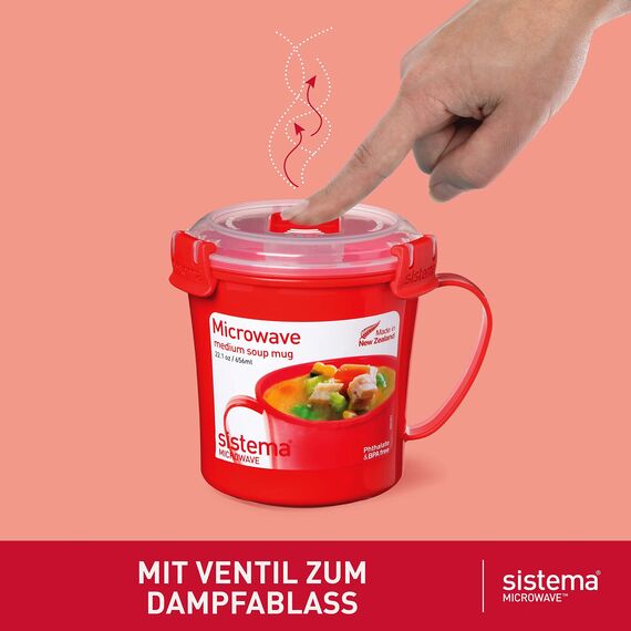 Sistema Microwave Suppentasse, mittelgroß | mikrowellenfeste Frischhaltedose | 656 ml | BPA-frei | rot | 3 Stück