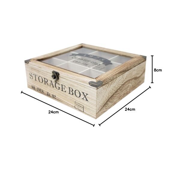 ToCi Teebox Holz Natur mit 9 Fächern – Rechteckige Teekiste mit Sichtfenster im Vintage-Look - Teedose zur Aufbewahrung von Teebeuteln, Gewürzen & Kleinteilen | 24 x 24 x 8,5 cm