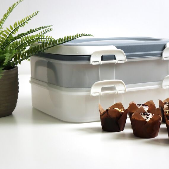 com-four® Partycontainer mit je 2 Etagen und Hebeeinsatz - Kuchen-Transportbox - Frischebox für Lebensmittel - Kuchencontainer mit Tragegriffen - Muffinbehälter (1 Stück pastell blau-grau)