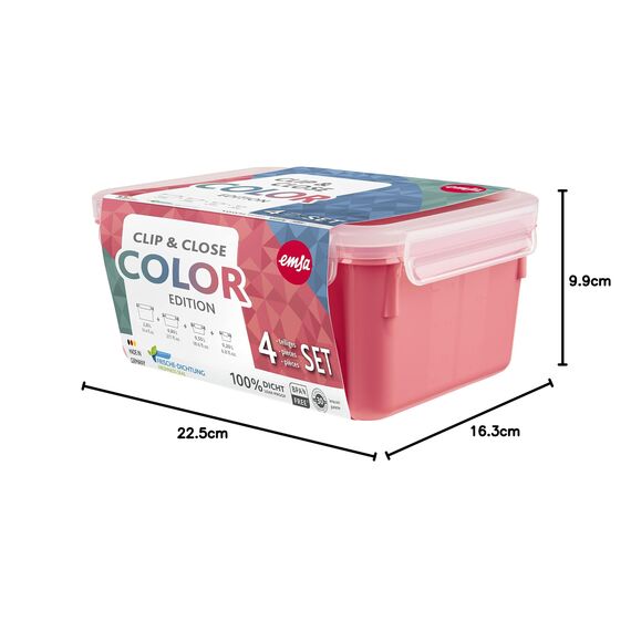 Emsa N10309 Clip & Close Color Edition 4-teiliges Frischhaltedosenset, 0,2/0,55/0,8/2,2 Liter, auslaufsicher, hygienisch, spülmaschinen-, mikrowellen- und gefriergeeignet, Koralle